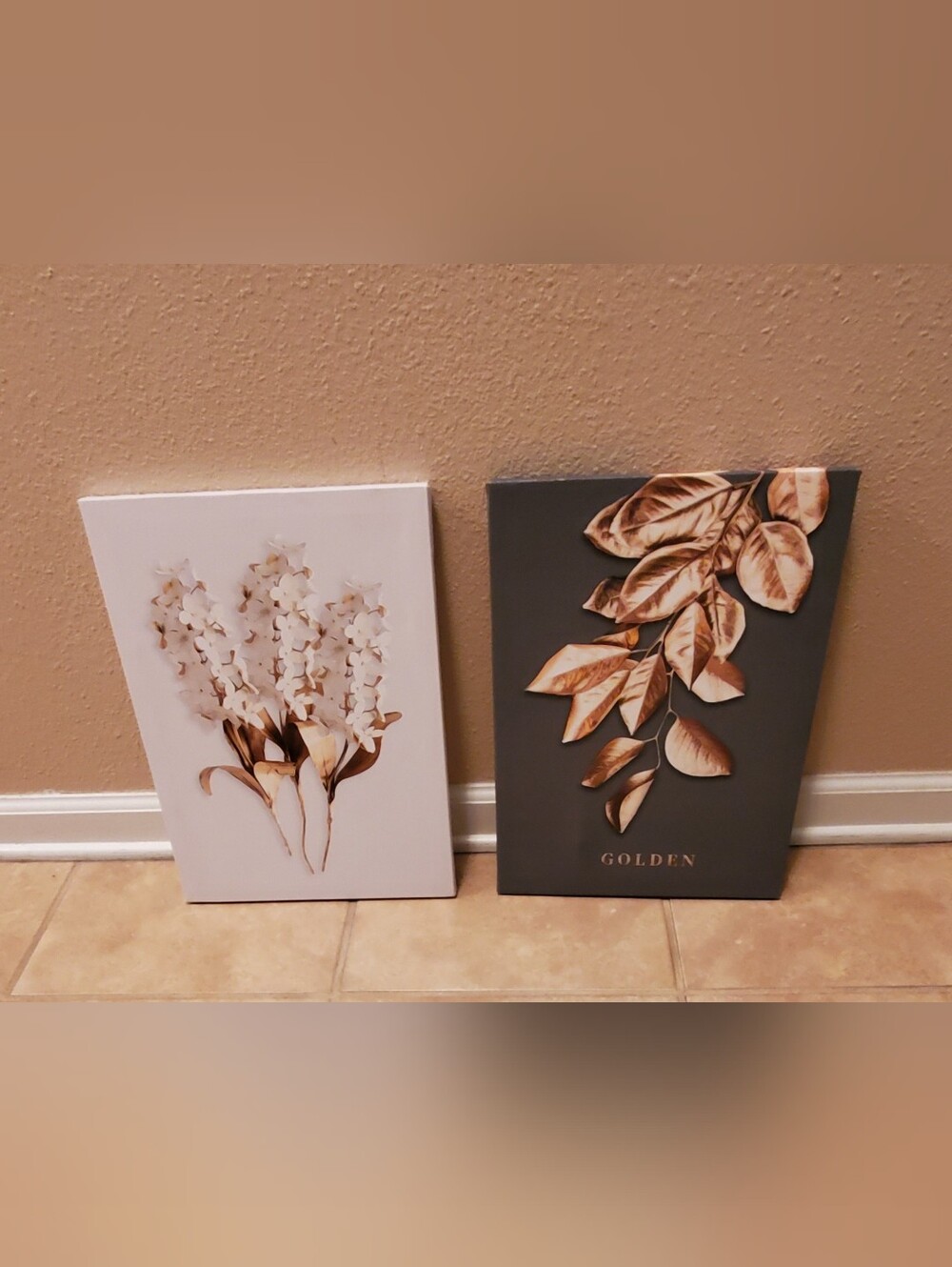 Wall Art  Canvas Pair"Golden" Botanical Print & White Flower- Gray & Gold Tones